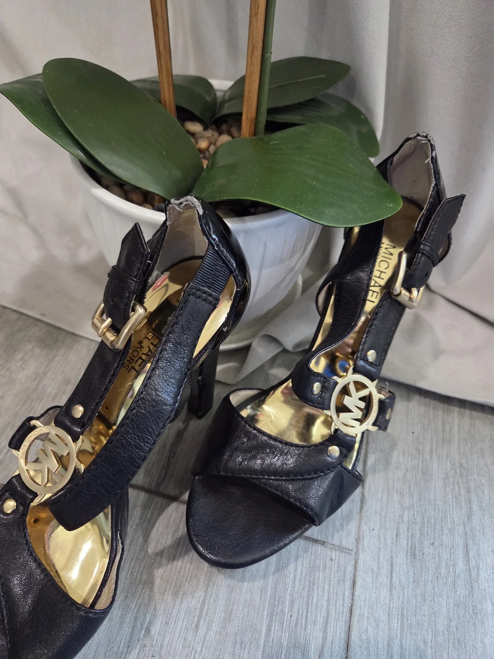 Michael Kors Black Leather T-Strap Platform Heels with Gold Logo